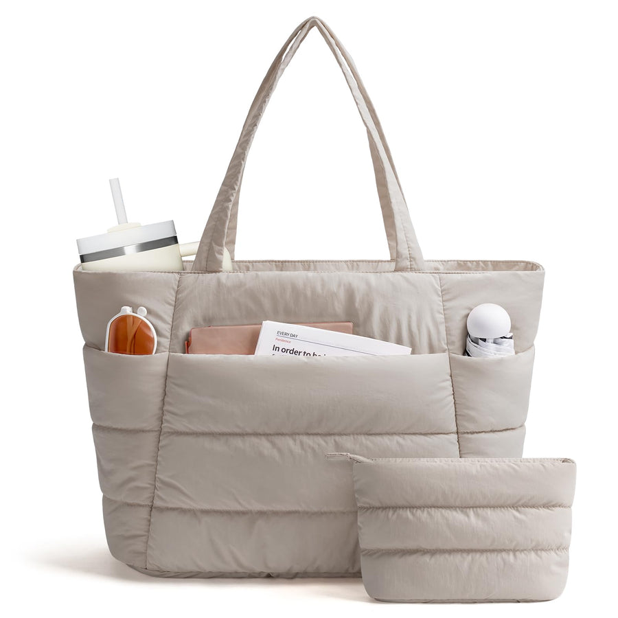 Narwey Nylon Puffer Tote Bag for Women, Puffy Work Nurse Teacher Tote Bag, Quilted Shoulder Bag for Travel, Gym, Gifts